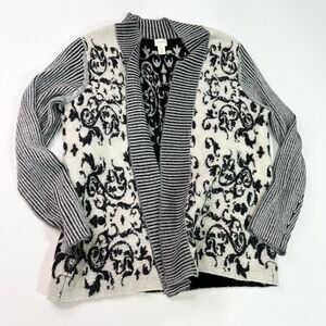 Chico's Cardigan Womens medium Black White Open Front Wool Ribbed Sleeve